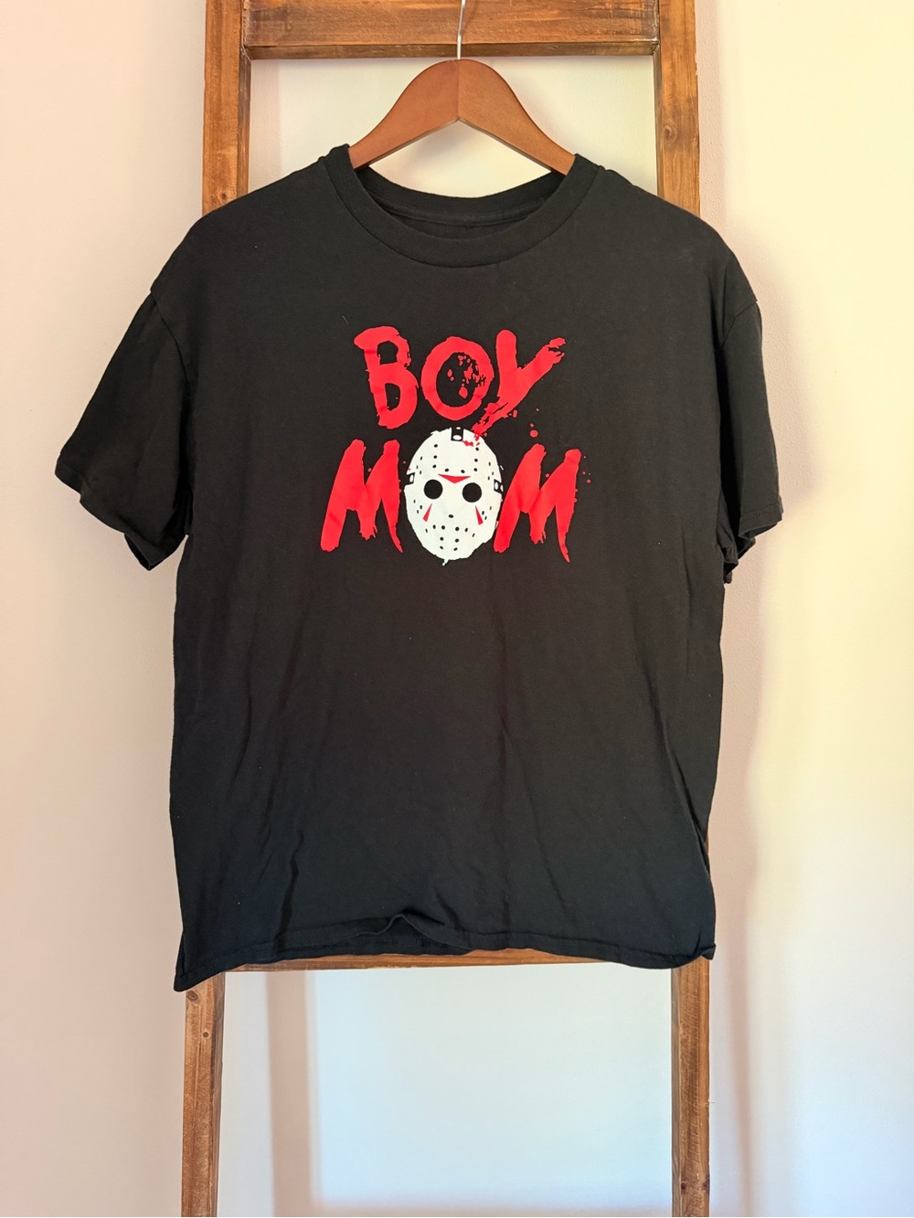 Boy Mom Graphic Tee - Black with Red & White Print